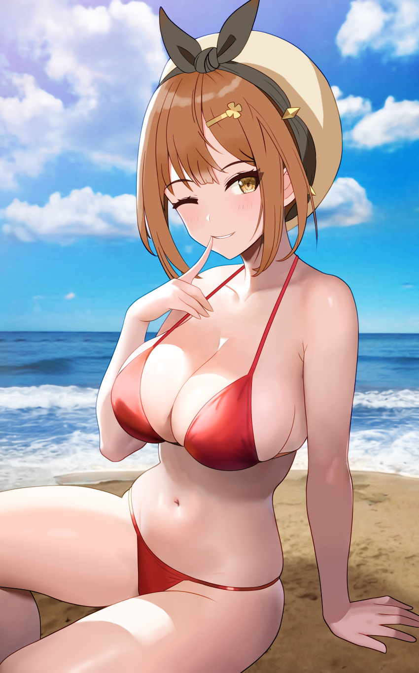 1girl ;) absurdres alternate_costume arm_support atelier_(series) atelier_ryza atelier_ryza_1 beach beret bikini black_hairband blue_sky bow_hairband breasts brown_eyes brown_hair cleavage cloud collarbone ego_121224 finger_to_mouth hair_ornament hairband hairclip hat highres large_breasts looking_at_viewer navel ocean one_eye_closed outdoors parted_lips red_bikini reisalin_stout sitting sky smile solo swimsuit thighs white_headwear