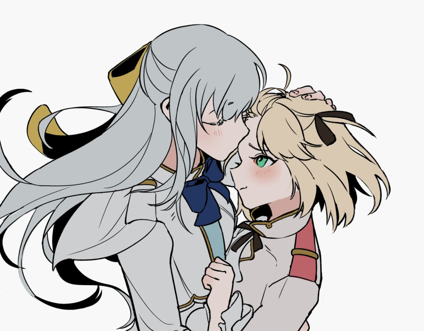 2girls anisphia_wynn_palettia aqua_eyes black_ribbon blonde_hair blue_bow blush bow closed_eyes closed_mouth collared_jacket euphyllia_magenta facing_another flat_color floating_hair grey_hair hair_ribbon half_updo hand_on_another's_chest hand_on_another's_head hand_on_another's_waist height_difference hug jacket kiss kissing_forehead lelioz long_hair looking_at_another medium_hair multiple_girls ribbon simple_background tensei_oujo_to_tensai_reijou_no_mahou_kakumei upper_body wavy_mouth white_background white_jacket yellow_bow yellow_ribbon yuri