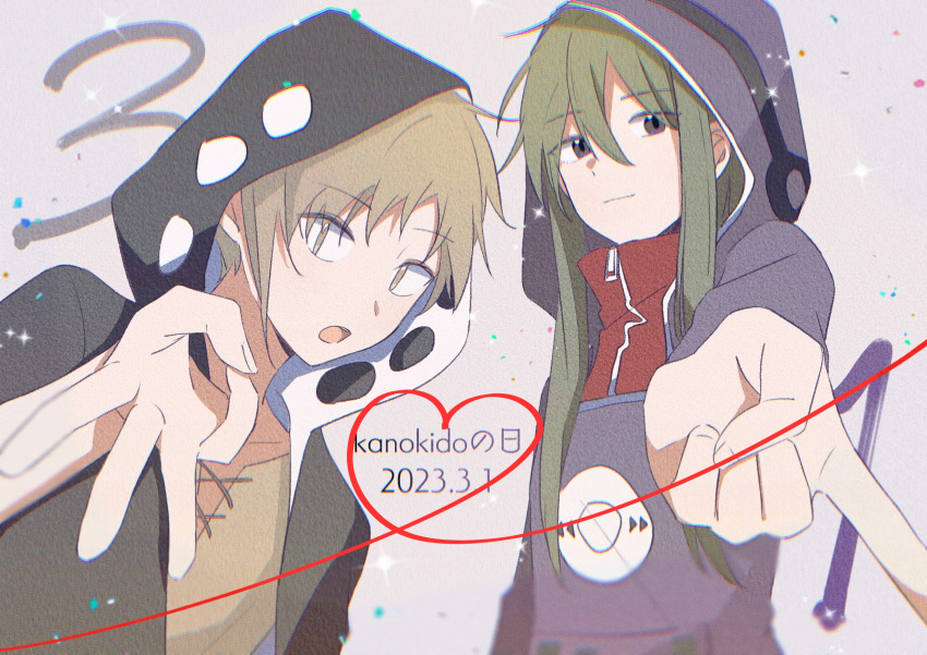 1boy 1girl :o black_hoodie blurry blurry_foreground brown_eyes brown_shirt casual character_name circle commentary cross-laced_clothes cross-laced_sleeves dated dutch_angle foreshortening green_hair grey_background heart heart_of_string highres hood hood_up hoodie index_finger_raised kagerou_project kano_shuuya kido_tsubomi koyon light_brown_hair long_hair looking_at_viewer looking_to_the_side notched_neckline open_clothes open_mouth pointing pointing_at_viewer print_hoodie purple_eyes purple_hoodie red_shirt shirt short_hair sidelocks sideways_glance smile sparkle t-shirt two-sided_hoodie upper_body w white_hoodie zipper zipper_pull_tab