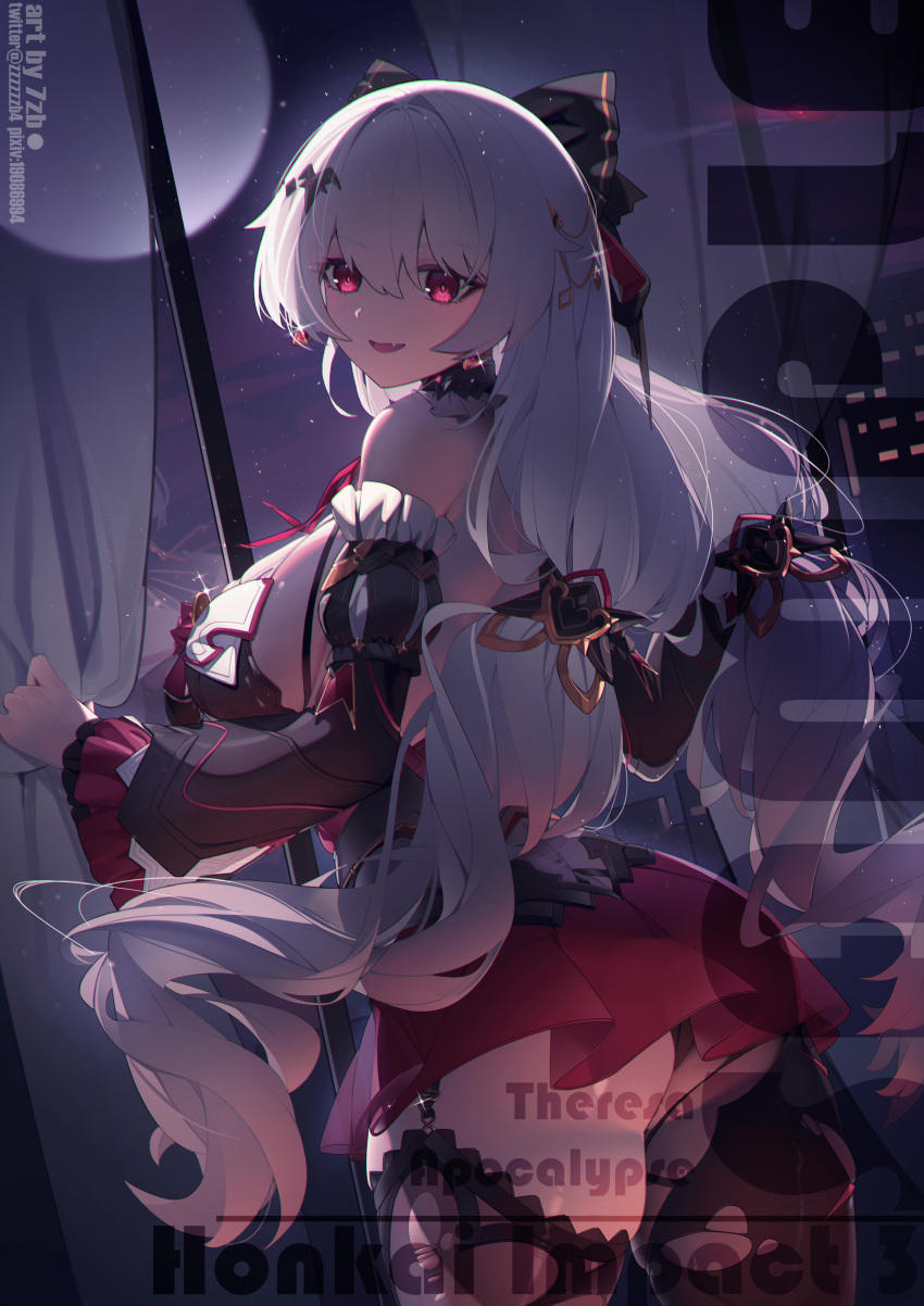 1girl :d absurdres artist_name ass black_bow black_dress black_panties black_sleeves black_thighhighs bow breasts character_name copyright_name cowboy_shot dress earrings fang frilled_sleeves frills hair_bow hair_ornament highres honkai_(series) honkai_impact_3rd jewelry large_breasts long_hair looking_at_viewer looking_back luna_(honkai_impact) moon night night_sky panties red_eyes sample_watermark skin_fang sky smile solo star_(sky) starry_sky theresa_apocalypse theresa_apocalypse_(lunar_vow:_crimson_love) thighhighs thong twitter_username underwear very_long_hair watermark white_hair zhan_bu