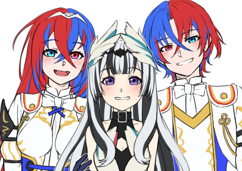 1boy 2girls alear_(female)_(fire_emblem) alear_(fire_emblem) alear_(male)_(fire_emblem) black_hair blue_eyes blue_hair crossed_bangs dress feather_hair_ornament feathers fire_emblem fire_emblem_engage grey_hair hair_between_eyes hair_ornament heterochromia highres long_hair looking_at_viewer multicolored_hair multiple_girls open_mouth red_eyes red_hair short_hair siblings smile split-color_hair tiara two-tone_hair veyle_(fire_emblem) white_background zuzu_(ywpd8853)