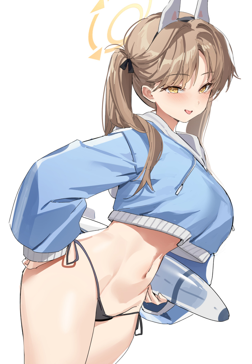 1girl absurdres animal_ears bikini black_bikini blue_archive blue_hoodie blush breasts brown_hair cropped_hoodie fake_animal_ears halo highres hood hoodie large_breasts looking_at_viewer mendou_kusai moe_(blue_archive) moe_(swimsuit)_(blue_archive) navel official_alternate_costume rabbit_ears side-tie_bikini_bottom simple_background smile solo stomach swimsuit twintails white_background