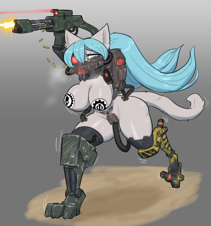 2023 amputee anthro big_breasts blue_eyes blue_hair bodily_fluids breasts bullet_casing claws collar cosplay cybernetic_face cybernetic_limb cybernetics cyborg darktide disability domestic_cat drooling felid feline felinid felis female fluffy fluffy_tail gas_mask gatling_gun genital_fluids grey_body gun hair hi_res hochune_meowku keypad lamp laser_pointer legless looking_at_viewer machine machine_gun mammal mask minigun mostly_nude pasties psakorn_tnoi quadruple_amputee ranged_weapon saliva scope servitor sex_slave shooting slave small_waist solo spread_legs spreading steam story story_in_description submissive submissive_female sweat tail thick_thighs tube warhammer_(franchise) warhammer_40000 weapon womb_tattoo