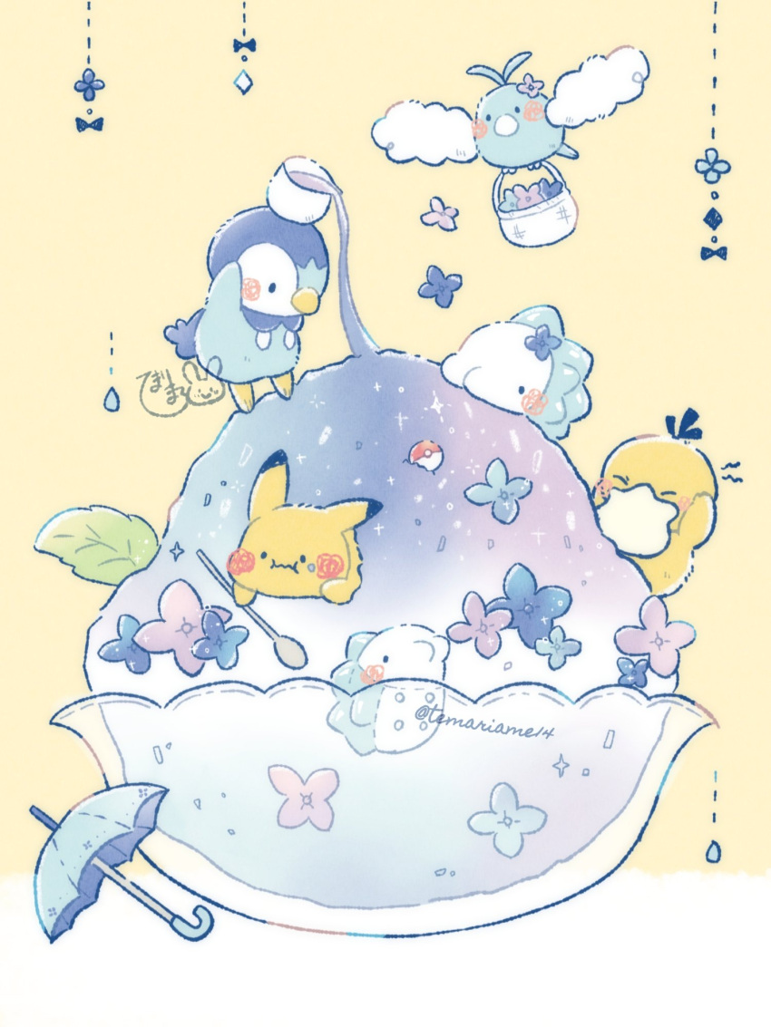 blush closed_eyes eating flower flying food highres ice_cream leaf pikachu piplup plate pokemon pokemon_(creature) psyduck snom swablu temariame14 thinking umbrella