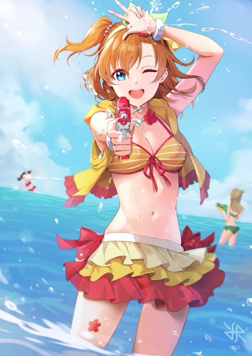 3girls aiming aiming_at_viewer arm_up artist_logo bikini blue_eyes blue_sky bow breasts brown_hair cleavage dated frilled_bikini frills front-tie_bikini_top front-tie_top green_bikini hair_ornament hairband highres hiroki_ree holding holding_water_gun kousaka_honoka looking_at_viewer love_live! love_live!_school_idol_project medium_breasts minami_kotori multiple_girls navel one_eye_closed one_side_up open_mouth partially_submerged red_bikini red_bow sky smile solo_focus striped striped_bikini swimsuit teeth upper_teeth_only v water_gun yazawa_nico yellow_hairband