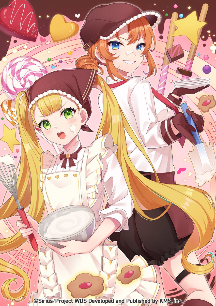 2girls apron blonde_hair blue_eyes brown_gloves brown_headwear candy cookie food food_on_face gloves green_eyes hair_bun highres kathrina_griebel long_hair medium_hair multiple_girls official_art orange_hair ramona_wolf shino_(sinotaro_) sidelocks single_hair_bun star_(symbol) twintails very_long_hair world_dai_star yellow_apron