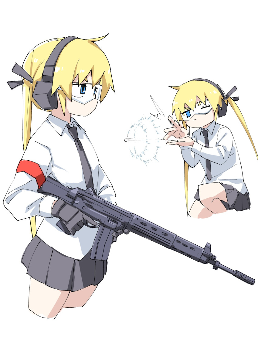 1girl armband assault_rifle black_gloves black_ribbon black_skirt blonde_hair blue_eyes closed_mouth crop_top gloves gun hair_ribbon headphones highres holding holding_gun holding_weapon howa_type_89 kill_me_baby long_hair long_sleeves multiple_views necktie one_eye_closed pleated_skirt red_armband ribbon rifle safety_glasses shirt simple_background sketch skirt sonya_(kill_me_baby) twintails weapon white_background white_shirt yachima_tana