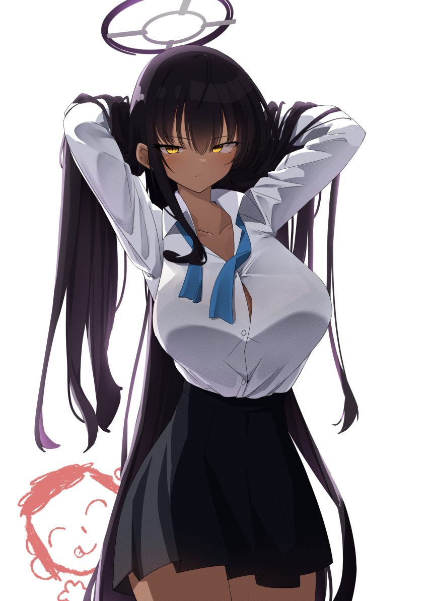 1girl 1other ^_^ absurdres arona's_sensei_doodle_(blue_archive) black_bra black_hair black_skirt blue_archive blush bow bowtie bra bra_visible_through_clothes breasts button_gap closed_eyes collarbone dark-skinned_female dark_skin halo hands_in_hair highres huge_breasts karin_(blue_archive) long_hair looking_at_viewer open_collar school_uniform sensei_(blue_archive) shirt shirt_tucked_in simple_background skirt soon_(k_mkc4) tongue tongue_out underwear undone_bowtie very_long_hair white_background white_shirt yellow_eyes