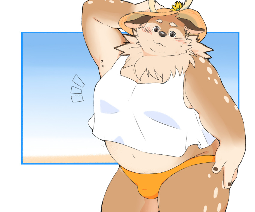 anthro antlers belly blush brown_body brown_fur bulge clothing crop_top deer fur hat headgear headwear hi_res horn jinnta4014 kazusa male mammal moobs navel overweight shirt solo speedo spots spotted_body spotted_fur straw_hat swimwear tamacolle topwear