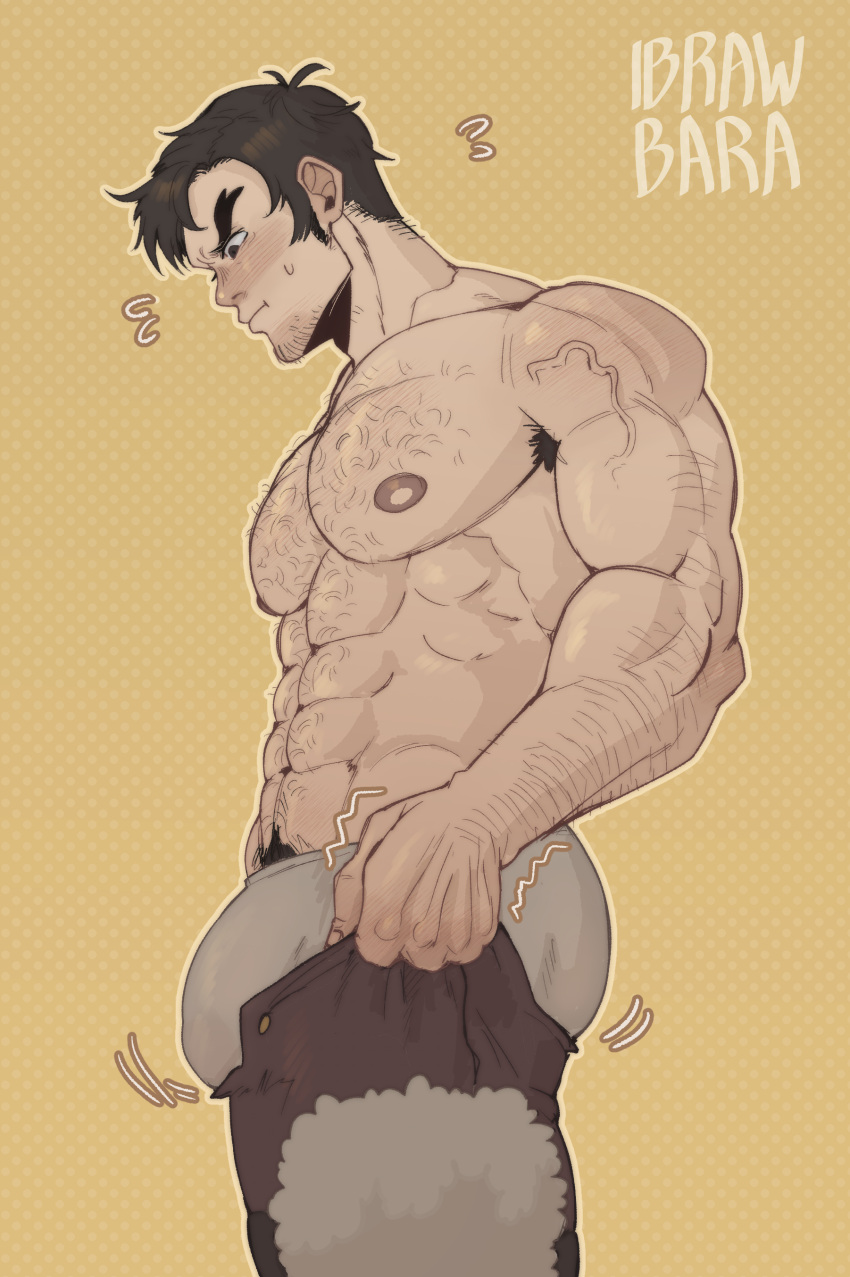 1boy abs absurdres arm_hair armpit_hair artist_request ass bara beowulf_(skullgirls) blush body_hair brown_male_underwear bulge bulge_lift chest_hair dressing facial_hair fate/grand_order fate_(series) feet_out_of_frame forked_eyebrows from_side goatee hairy highres i've_never_seen_a_guy_recreate_this_successfully_tbh_(meme) large_pectorals long_sideburns male_focus male_pubic_hair male_underwear mature_male meme muscular muscular_male navel_hair nipples open_pants pants pants_lift pectorals pout pubic_hair short_hair sideburns skullgirls solo stomach stubble thick_thighs thighs topless_male undersized_clothes underwear