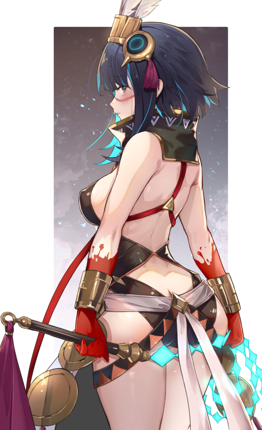 1girl ass back bare_shoulders black_hair black_skirt blood blood_on_hands blue_hair blush bracer breasts colored_inner_hair detached_collar facepaint fate/grand_order fate_(series) feathers grey_eyes halterneck headdress high_collar highres large_breasts looking_at_viewer looking_back multicolored_hair sash short_hair sidelocks skirt solo tassel tenochtitlan_(fate) tenochtitlan_(first_ascension)_(fate) thighs ura_illust whip