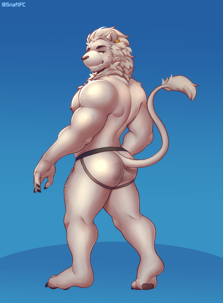 absurd_res anthro big_butt butt claws clothing ear_piercing ear_ring feet felid feline fur hi_res jockstrap lion long_tail looking_at_viewer male mammal mane muscular muscular_anthro muscular_male narrowed_eyes nipples pantherine pawpads pecs piercing pubes rear_view ring_piercing simple_background smile smirk snaftfc solo standing tail underwear white_body white_fur