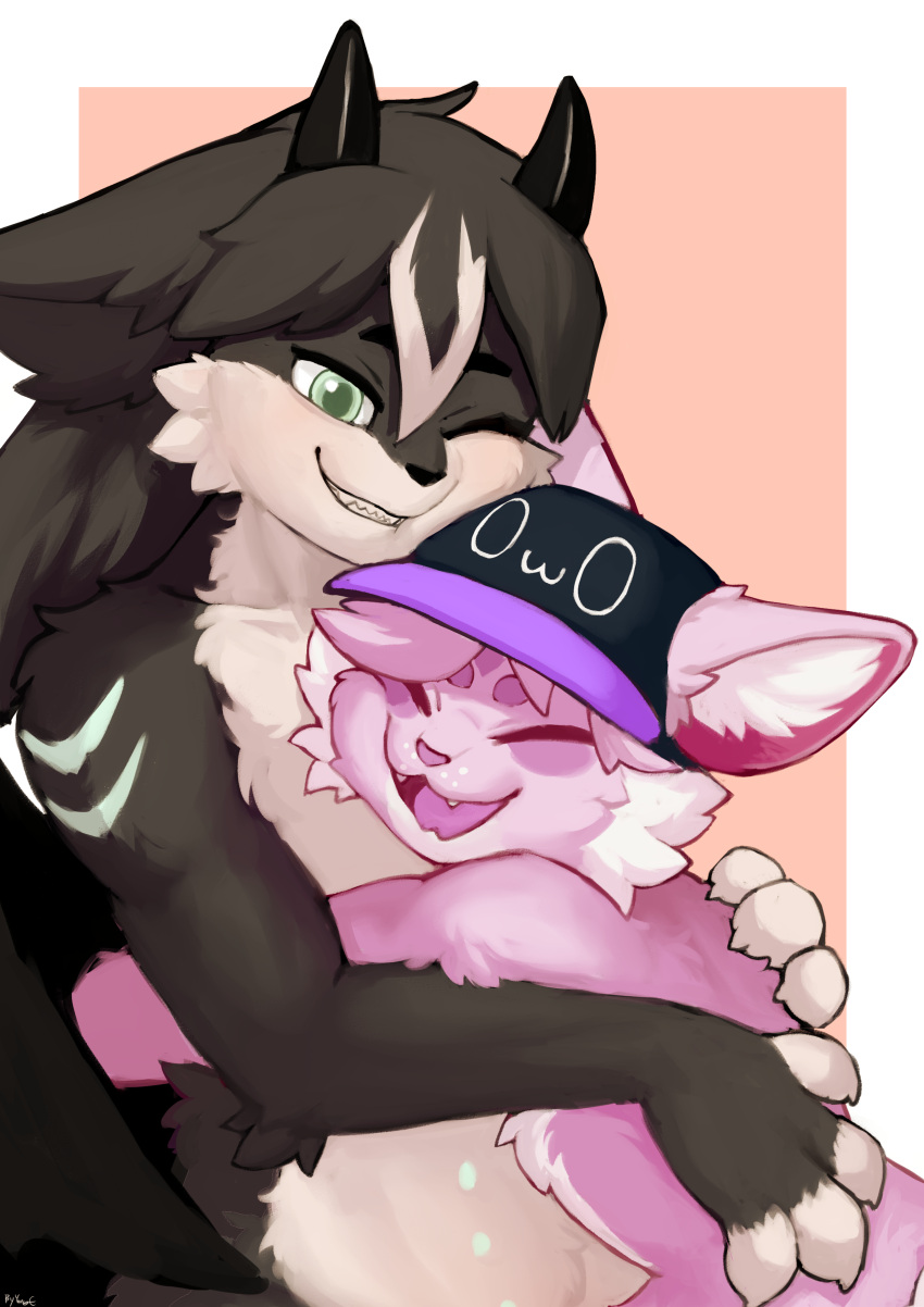 absurd_res amaverse anthro black_body clothed clothing cute_expression domestic_cat duo dydrkflqo embrace eyes_closed felid feline felis female female_anthro fluffy fluffy_hair fur green_body grey_body hair hat headgear headwear hi_res horn hug kemono larger_female male male/female mammal one_eye_closed owo pallas's_cat patoune paws pink_body pink_hair size_difference smaller_male smilling teeth unknown_species vtuber wink