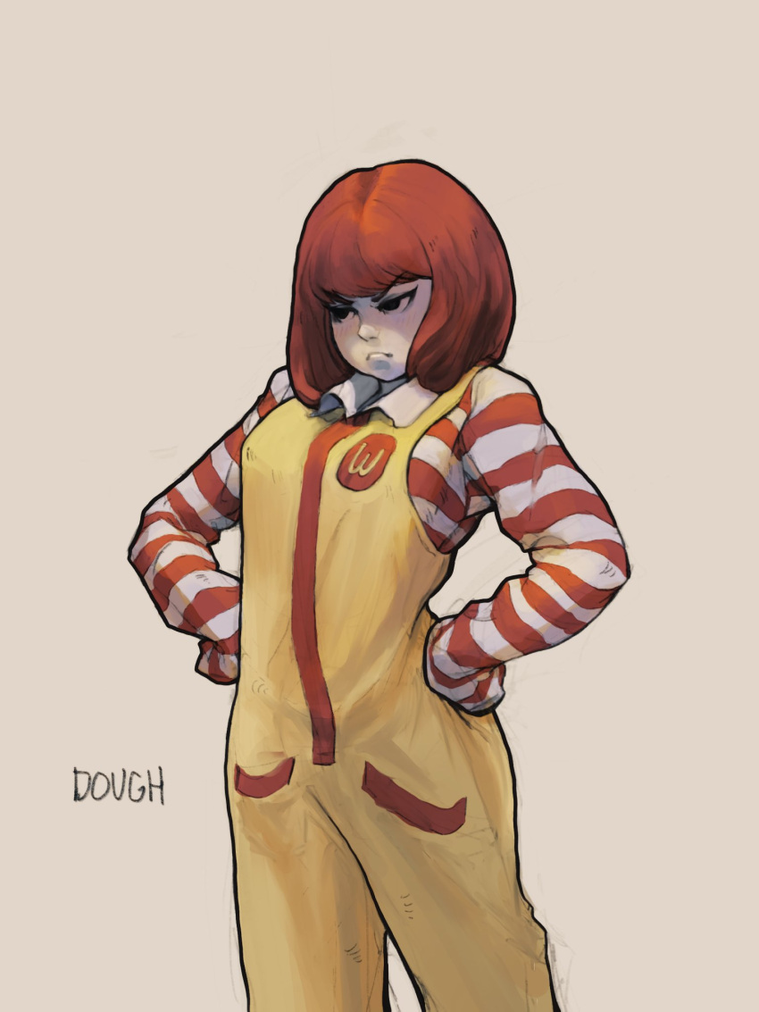 arched_back artist_name black_eyes breasts colored_skin dough_(doughnath) frown genderswap genderswap_(mtf) hands_on_own_hips highres mcdonald's medium_breasts overalls photo-referenced pout red_hair ronald_mcdonald shirt signature sleeves_past_fingers sleeves_past_wrists striped striped_shirt v-shaped_eyebrows wcdonalds white_skin yellow_overalls