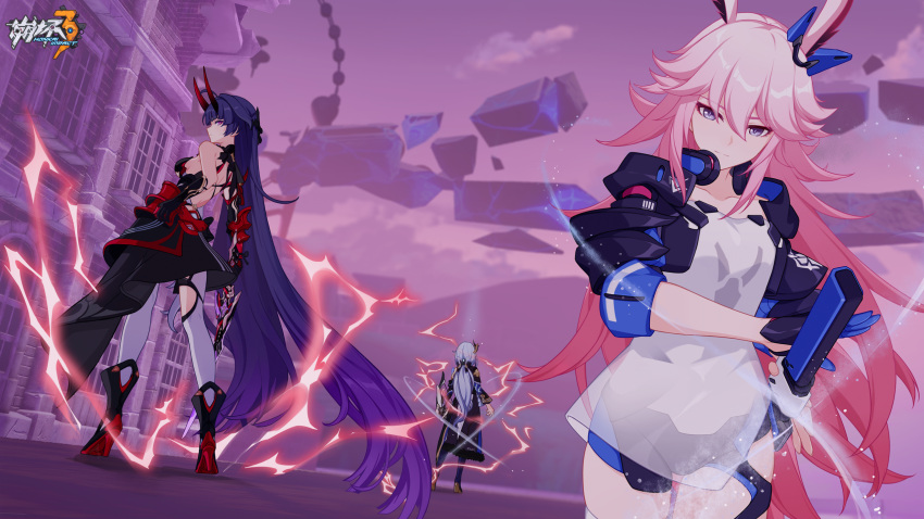 3girls after_battle animal_ears armor black_hair black_headwear blue_gloves blue_hair blue_headwear blue_jacket blue_shorts bow_(weapon) breasts closed_mouth collarbone full_body gloves hair_between_eyes headphones herrscher_of_corruption high_heels highres holding holding_bow_(weapon) holding_sword holding_weapon honkai_(series) honkai_impact_3rd horns jacket japanese_armor japanese_clothes large_breasts long_hair long_sleeves looking_at_another looking_back looking_down multiple_girls official_alternate_costume official_art official_wallpaper open_hand outdoors pink_hair rabbit_ears raiden_mei raiden_mei_(herrscher_of_thunder) red_horns sheath sheathed shirt short_shorts shorts single_bare_shoulder single_glove sparks sword thighhighs upper_body very_long_hair weapon white_shirt white_thighhighs yae_sakura yae_sakura_(goushinnso_memento)