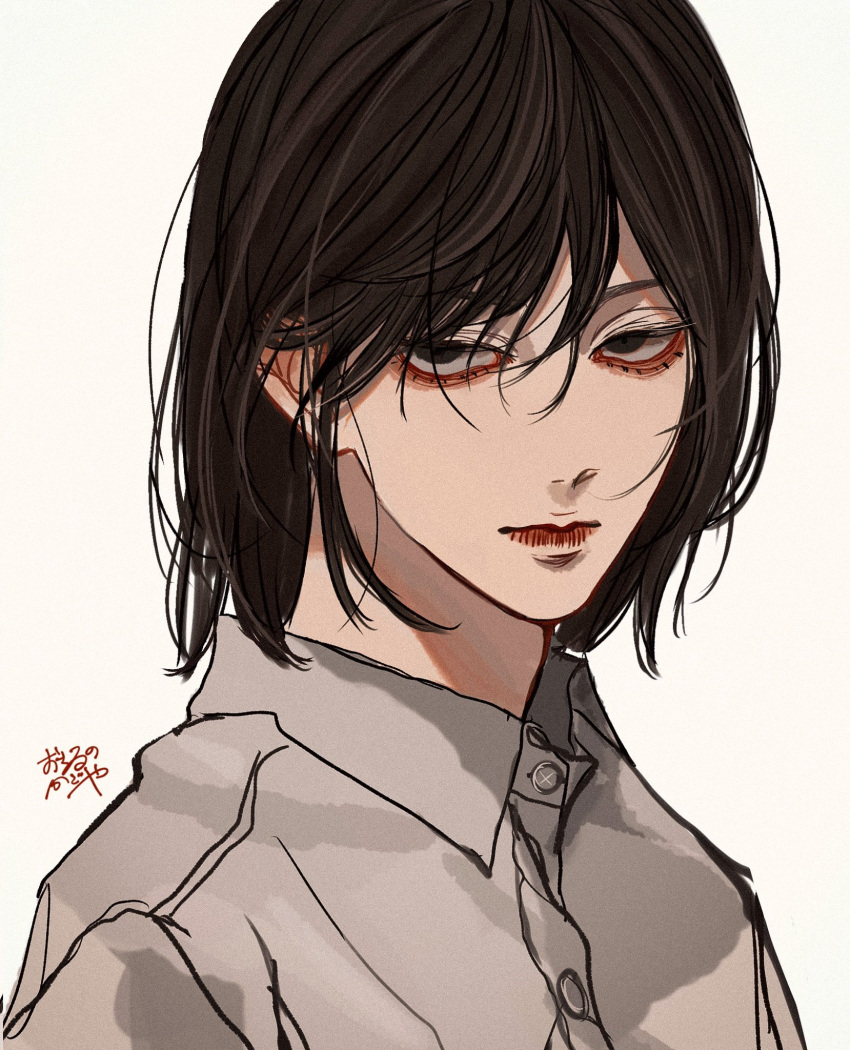 1boy bishounen brown_eyes brown_hair buttons closed_mouth collared_shirt commentary dress_shirt highres kagoya1219 looking_at_viewer male_focus original portrait shirt short_hair signature simple_background solo swept_bangs white_background white_shirt