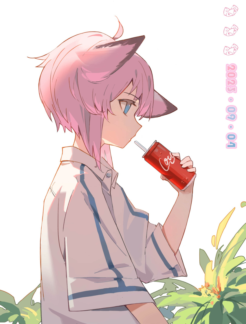 1girl absurdres animal_ears arknights blue_eyes can chaosneh closed_mouth coca-cola collared_shirt commentary_request dated from_side hair_between_eyes highres holding holding_can long_sleeves pink_hair profile shirt simple_background solo sussurro_(arknights) upper_body white_background white_shirt