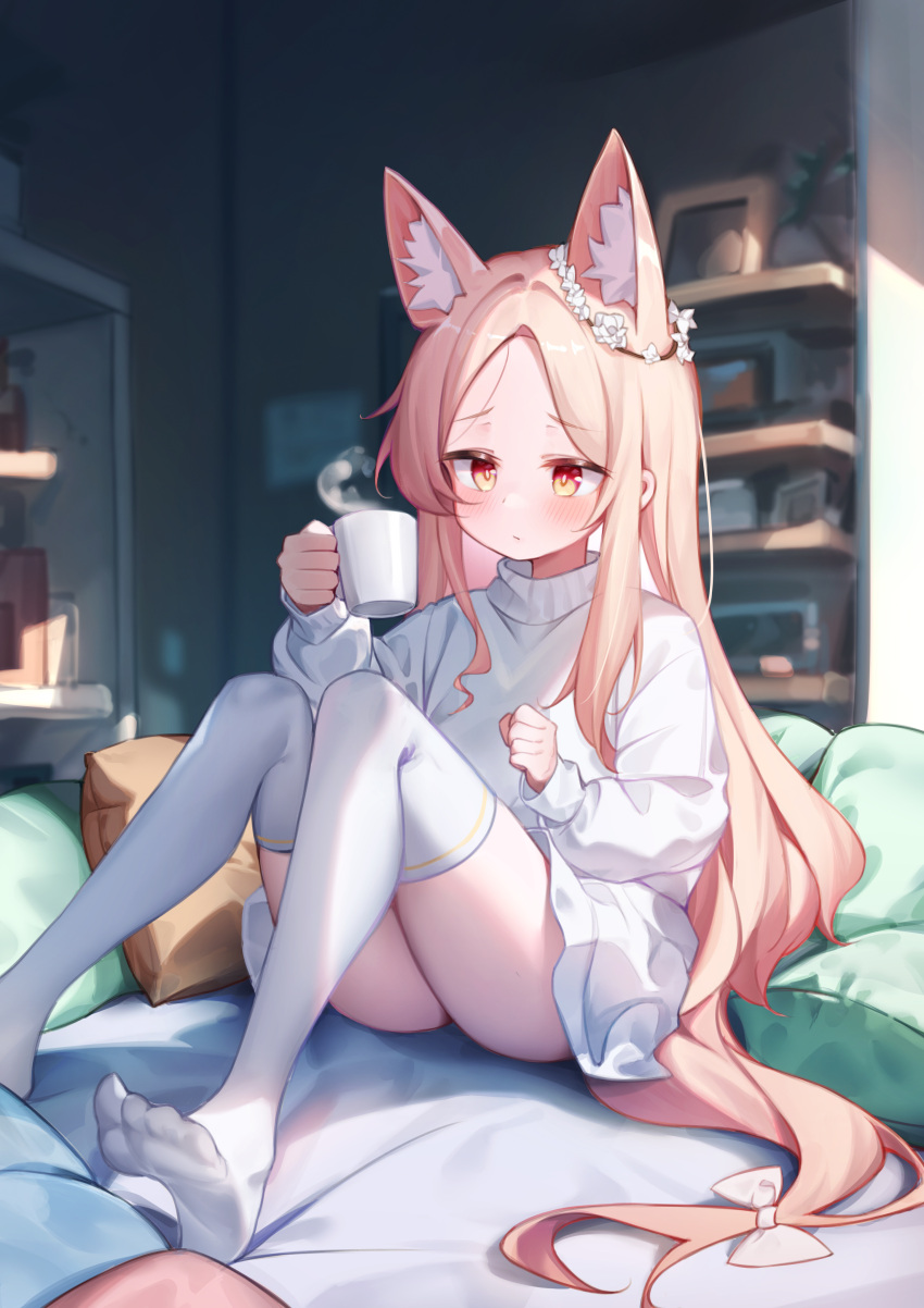 1girl absurdly_long_hair absurdres alternate_costume animal_ear_fluff animal_ears ass blonde_hair blue_archive blurry blurry_background blush bow bright_pupils closed_mouth commentary_request cup feet flower flower_wreath forehead fox_ears fox_girl gradient_eyes hair_bow hair_flower hair_ornament highres holding holding_cup indoors knees_together_feet_apart knees_up light_frown long_hair long_sleeves mug multicolored_eyes no_shoes orange_eyes parted_bangs pillow seia_(blue_archive) shelf sitting soles solo sweater thighhighs thighs toes turtleneck turtleneck_sweater user_sxaf8777 very_long_hair white_bow white_pupils white_sweater white_thighhighs yellow_eyes