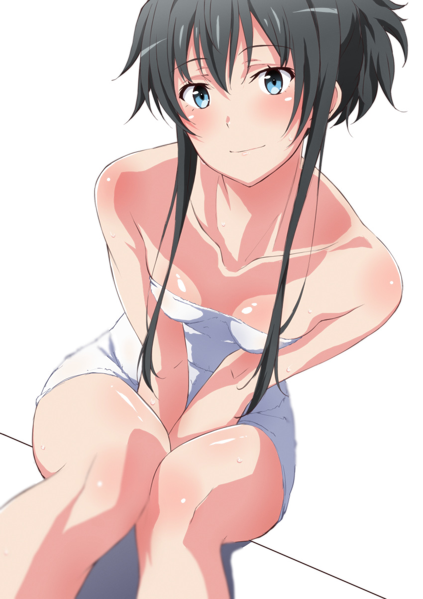 1girl absurdres bare_arms bare_shoulders between_legs black_hair blue_eyes blush breasts breasts_apart closed_mouth collarbone hand_between_legs highres invisible_chair knees knees_together_feet_apart looking_at_viewer naked_towel short_hair_with_long_locks shou937 simple_background sitting small_breasts solo thighs towel white_background yahari_ore_no_seishun_lovecome_wa_machigatteiru. yukinoshita_yukino