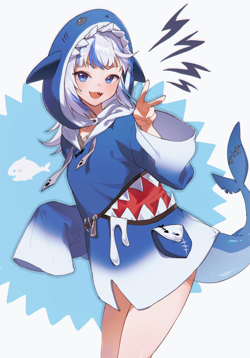 1girl animal_hood animal_print blue_background blue_dress blue_eyes blue_hair blush buttons dress fingernails fins fish fish_print fish_tail gawr_gura gawr_gura_(1st_costume) gradient_clothes gradient_dress grey_hair grey_shirt highres hololive hololive_english hood hooded_dress long_fingernails long_sleeves looking_at_viewer multicolored_hair open_mouth pocket qin_(7833198) shadow shark_girl shark_hood shark_tail sharp_teeth shirt short_hair simple_background smile solo standing t-shirt tail teeth tongue two-tone_hair v white_background white_dress wide_sleeves zipper