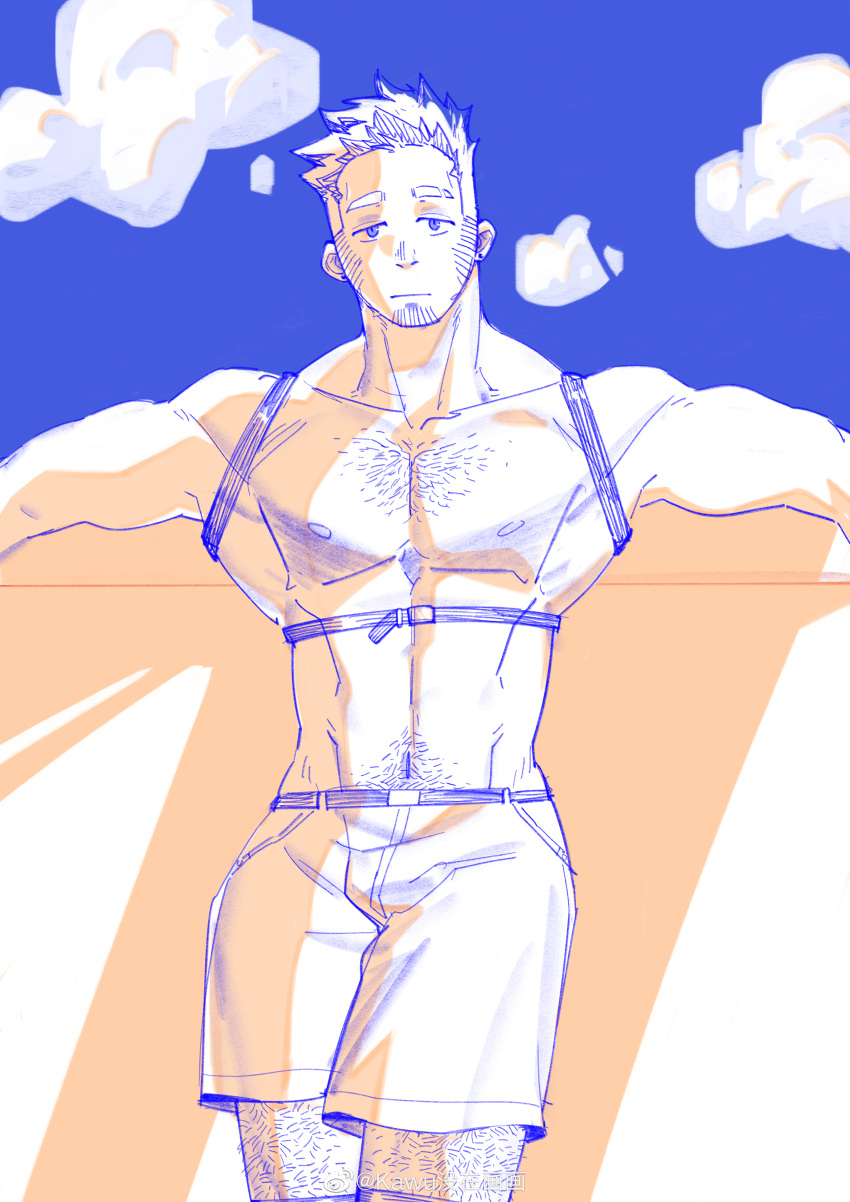 1boy abs absurdres bara blue_theme chest_hair cloud cloudy_sky feet_out_of_frame goatee_stubble hairy highres jitome kawuky large_pectorals leg_hair long_sideburns looking_at_viewer male_focus mature_male muscular muscular_male navel navel_hair nipples original outstretched_arms pectorals short_hair shorts sideburns sideburns_stubble sky solo spread_arms standing stomach