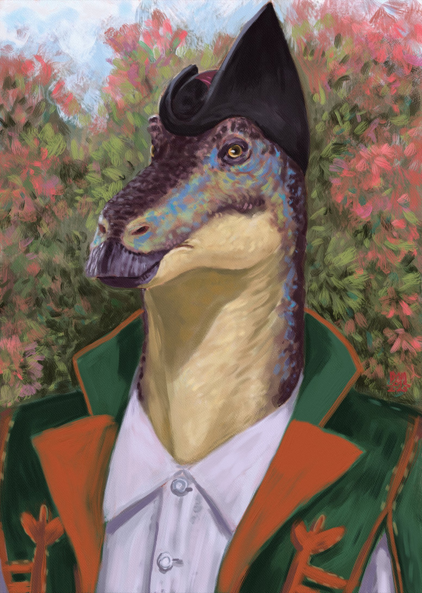 2023 anthro beak black_clothing black_hat black_headwear blue_markings brown_body brown_scales bust_portrait button_(fastener) clothed clothing collared_shirt digital_media_(artwork) digital_painting_(artwork) dinosaur dyna_soar edmontosaurus fantasy flower green_clothing green_jacket green_markings green_topwear hat headgear headwear hi_res impressionist_background jacket looking_at_viewer male markings montera multicolored_body outside plant portrait red_clothing reptile saurian_(disambiguation) scales scalie signature sky solo spain standing three-quarter_view topwear yellow_eyes