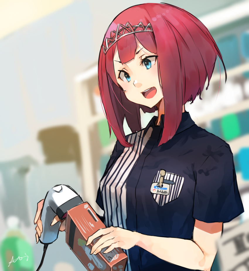 1girl ark_royal_(kancolle) barcode_scanner blue_eyes blurry blurry_background bob_cut collared_shirt employee_uniform highres holding kantai_collection lawson open_mouth red_hair shirt short_hair short_sleeves signature solo striped striped_shirt sunday_aki teeth tiara uniform upper_body upper_teeth_only vertical-striped_shirt vertical_stripes