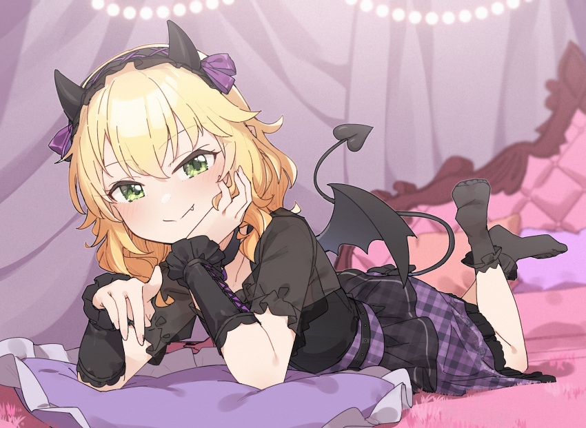 1girl black_shirt black_socks black_wings blonde_hair bobby_socks closed_mouth commentary_request demon_horns demon_tail demon_wings fang fang_out frilled_pillow frills full_body green_eyes hair_between_eyes highres horns idolmaster idolmaster_cinderella_girls legs_up looking_at_viewer lying mini_wings no_shoes on_stomach pillow plaid plaid_skirt purple_skirt sakurai_momoka see-through shirt short_sleeves skirt smile socks soles solo tail wings wrist_cuffs yukie_(kusaka_shi)