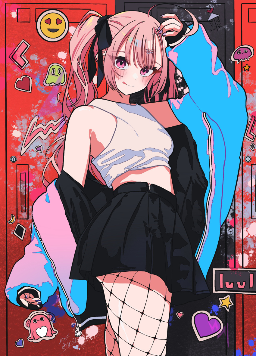 1girl absurdres ahoge ass bare_shoulders black_skirt blue_jacket blush breasts closed_mouth feet_out_of_frame fingernails fishnet_pantyhose fishnets hair_behind_ear hair_ornament hair_ribbon hand_up heart_sticker highres huge_ahoge jacket legs locker long_hair looking_at_viewer luvluvvox midriff nail_polish off-shoulder_jacket off_shoulder original pantyhose pink_eyes pink_hair pleated_skirt purple_nails red_background ribbon skirt sleeves_past_wrists small_breasts solo standing sticker swept_bangs tank_top tongue tongue_out twintails white_tank_top