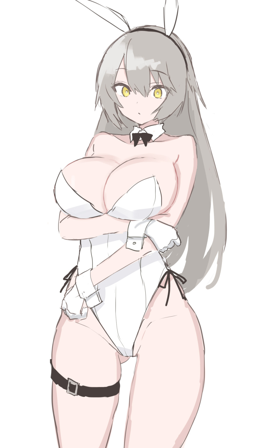 1girl animal_ears ass_visible_through_thighs black_bow black_bowtie bow bowtie breasts closed_mouth collarbone cowboy_shot detached_collar fake_animal_ears ff_frbb122 girls'_frontline gloves grey_hair hair_between_eyes highres large_breasts long_hair playboy_bunny rabbit_ears skindentation solo thigh_strap thighs ump40_(girls'_frontline) white_gloves wrist_cuffs yellow_eyes