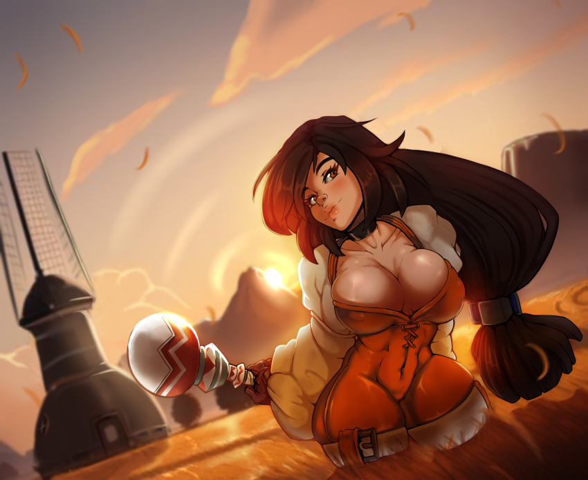 black_hair bodysuit breasts bursting_breasts cleavage final_fantasy final_fantasy_ix garnet_til_alexandros_xvii highres huge_breasts large_breasts long_hair looking_at_viewer outdoors princess relius_(reliusmax) skin_tight thick_thighs thighs tight_clothes wide_hips