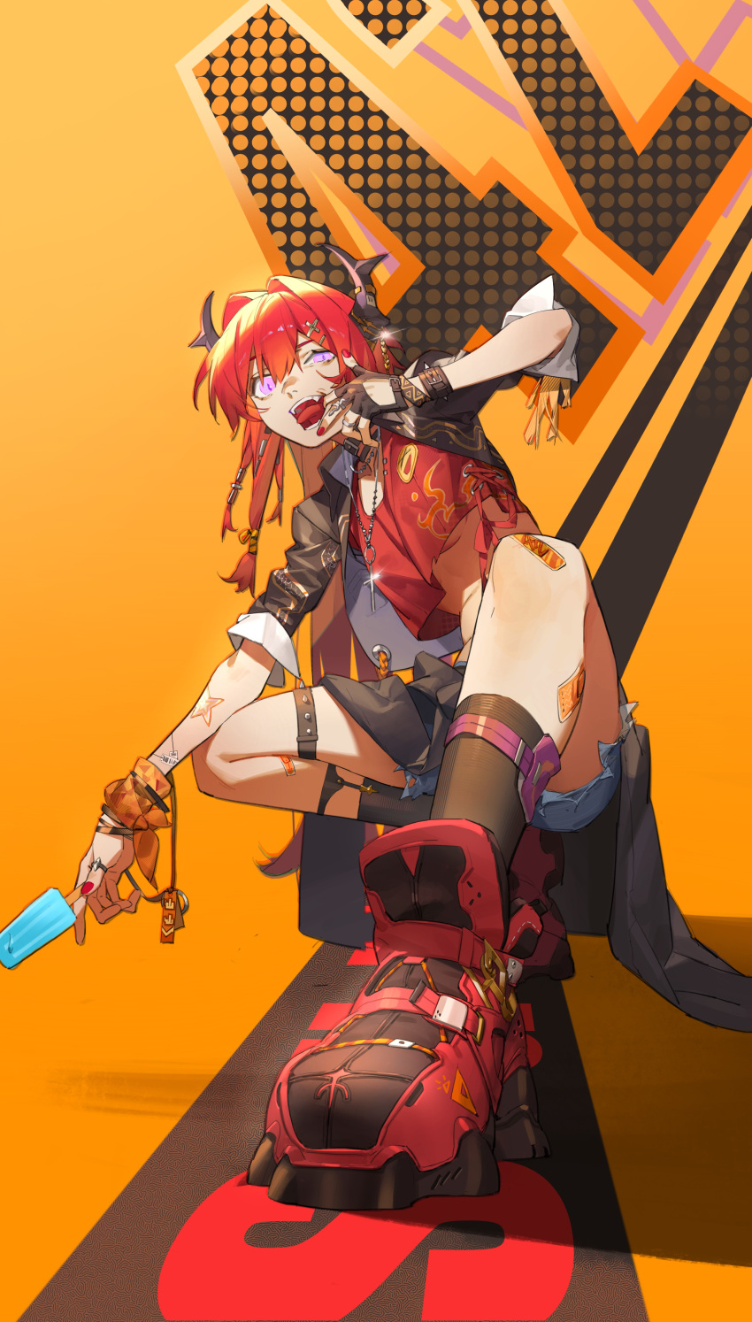1girl absurdres arknights black_gloves food gloves hair_between_eyes hair_ornament highres horns ice_cream jewelry long_hair necklace purple_eyes red_hair red_nails red_shirt ring shirt shorts single_glove surtr_(arknights) thigh_strap tongue tongue_out wushier