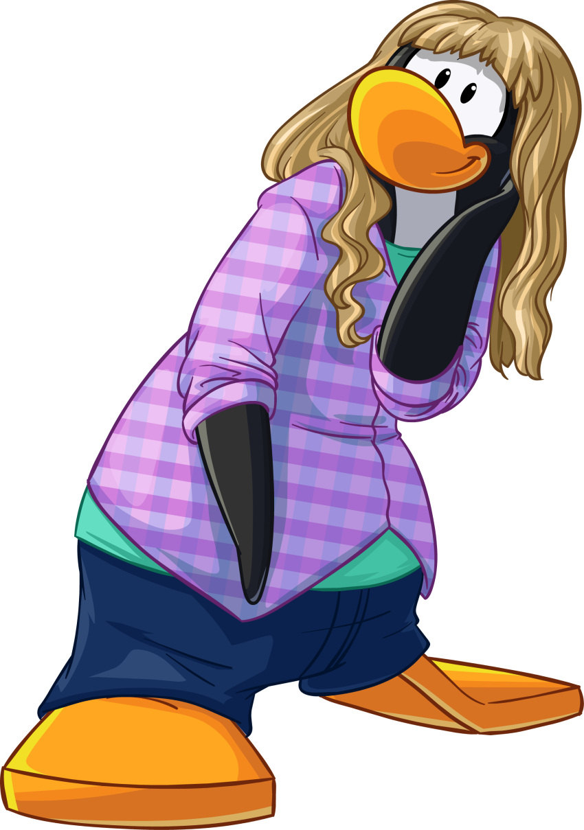 absurd_res avian bird blonde_hair blue_bottomwear blue_clothing blue_pants bottomwear clothing club_penguin female full-length_portrait green_clothing green_shirt green_topwear hair hi_res long_hair official_art pants penguin portrait purple_clothing purple_shirt purple_topwear rolled_up_sleeves shirt solo topwear unknown_artist