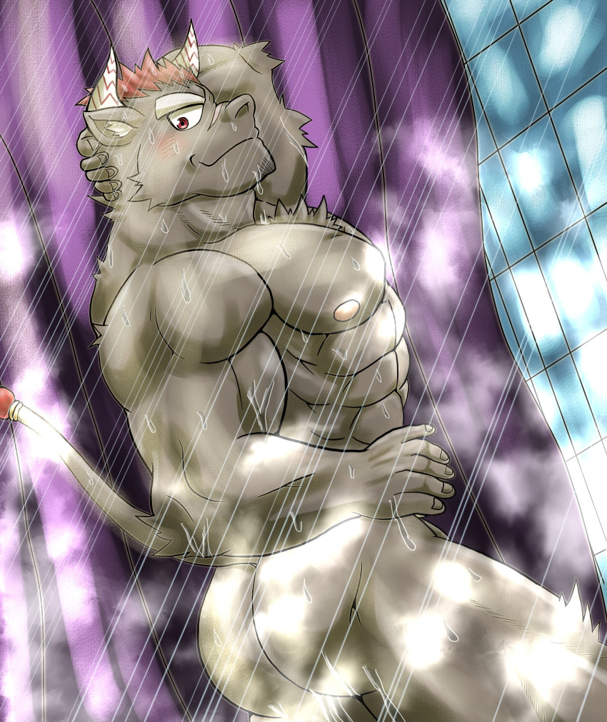 abs anthro bathing black_body black_fur bovid bovine butt cattle fur gyumao hair hi_res horn lifewonders male mammal muscular muscular_anthro muscular_male nipples nude pecs red_hair shower showering solo tokyo_afterschool_summoners water wet wet_body yom_mido_plus