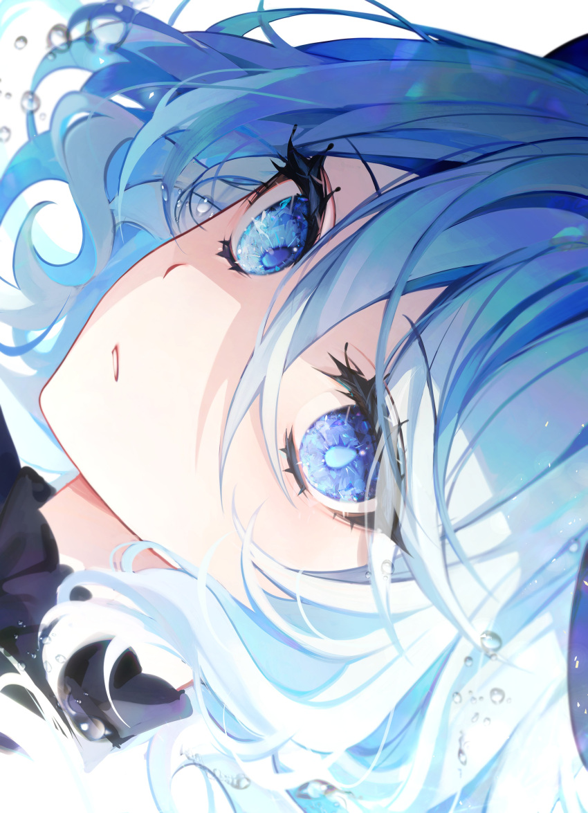 1girl 58_(opal_00_58) absurdres air_bubble ascot black_ascot blue_ascot blue_brooch blue_eyes blue_hair bubble close-up commentary drop-shaped_pupils eyelashes furina_(genshin_impact) genshin_impact hair_between_eyes heterochromia highres light_blue_hair looking_at_viewer multicolored_hair parted_lips portrait revision sidelocks sideways solo streaked_hair two-tone_hair water_drop white_background