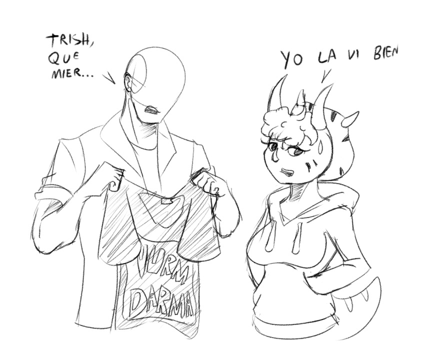 6:5 anon_(snoot_game) anthro bald breasts ceratopsian clothing dinosaur duo faceless_character faceless_human female goodbye_volcano_high human jmf male mammal monochrome ornithischian reptile scalie simple_background snoot_game spanish_text tail text triceratops trish_(gvh)