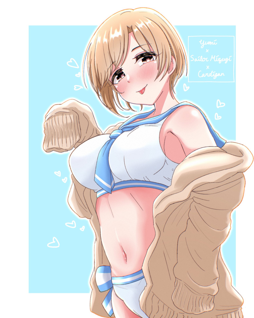 1girl aiba_yumi bare_shoulders bikini blonde_hair blue_neckerchief blush bow bow_bikini breasts brown_eyes cardigan highres idolmaster idolmaster_cinderella_girls looking_at_viewer medium_breasts midriff navel neckerchief sailor_bikini sailor_collar sailor_swimsuit_(idolmaster) short_hair side-tie_bikini_bottom smile solo swimsuit thewatchertmk tongue tongue_out white_bikini white_swimsuit