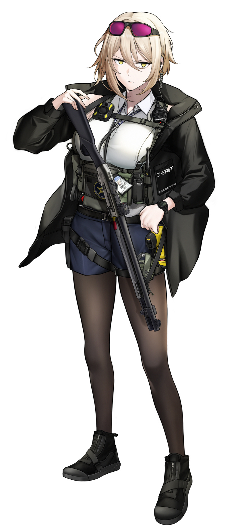 1girl absurdres alternate_costume ammunition_belt ammunition_pouch black_footwear black_jacket black_pantyhose blonde_hair blue_shorts breasts closed_mouth cuffs eyewear_on_head full_body girls'_frontline gun highres holding holding_gun holding_weapon holster jacket la13 lips long_sleeves looking_at_viewer medium_breasts open_clothes open_jacket original pantyhose police police_uniform policewoman pouch serious shirt shoes short_hair shorts shotgun solo standing thigh_holster uniform walkie-talkie weapon white_background white_shirt yellow_eyes