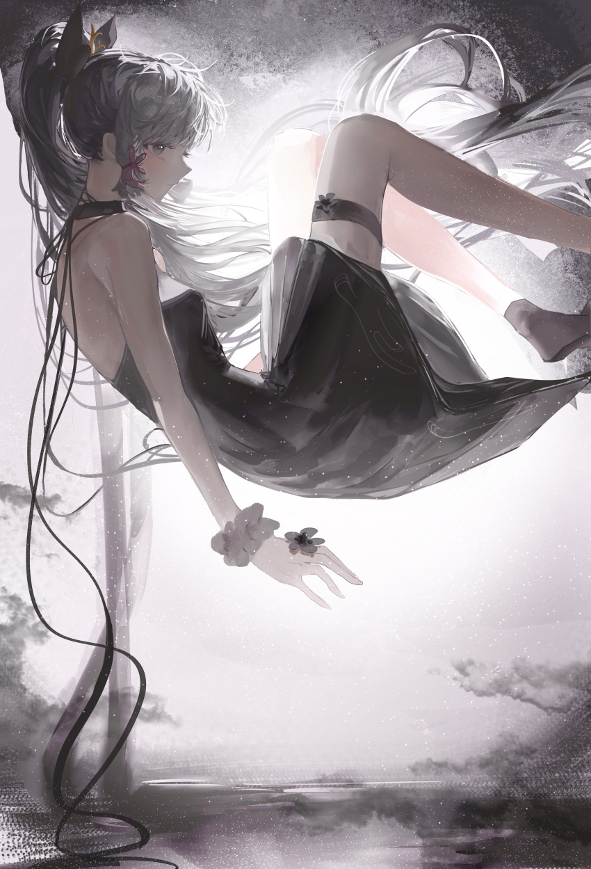 1girl absurdres alternate_costume backless_dress backless_outfit bare_shoulders black_dress black_flower black_socks closed_mouth commentary_request dress expressionless floating flower foot_out_of_frame from_side genshin_impact grey_eyes grey_hair highres kamisato_ayaka legs_up long_hair ponytail procreate_(medium) scrunchie sleeveless sleeveless_dress socks solo thigh_strap wrist_scrunchie zc_ling