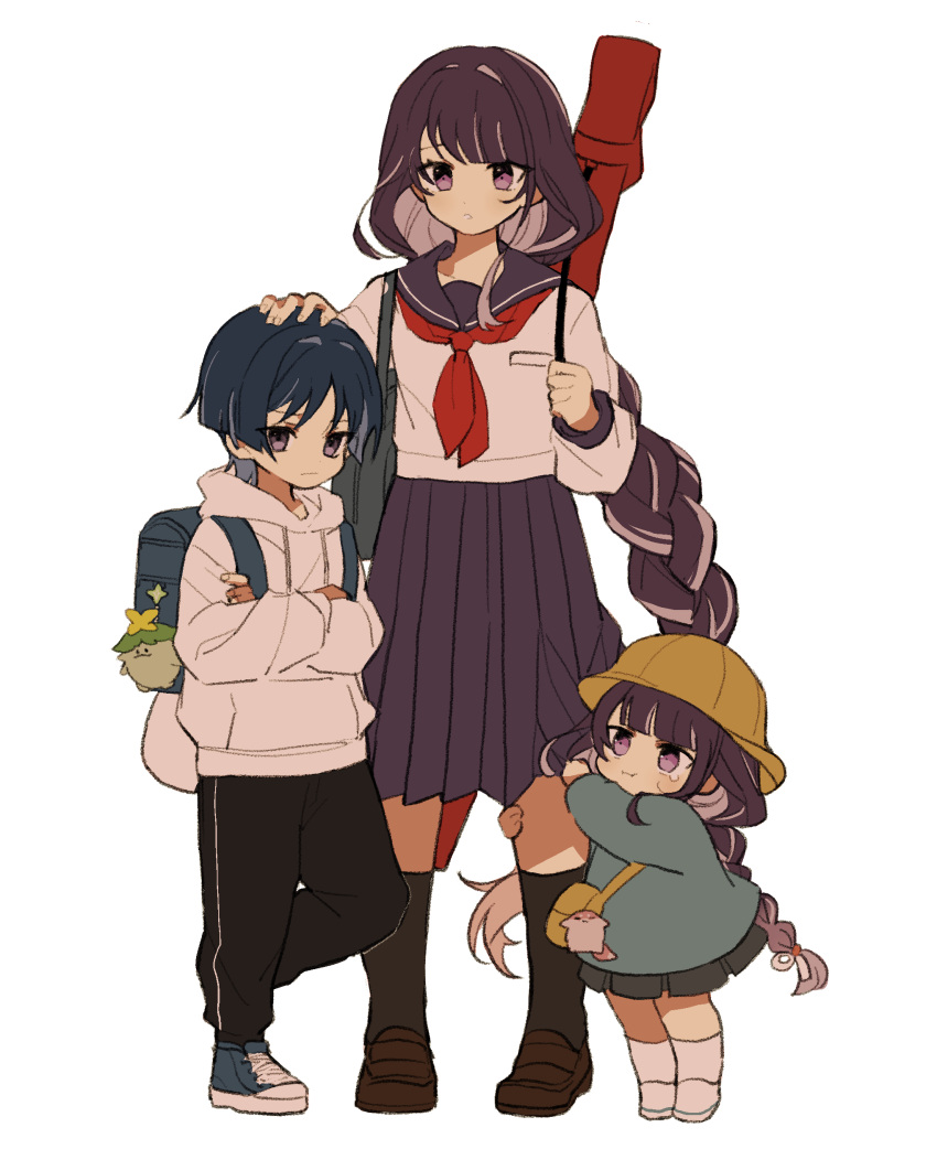 1boy 2girls absurdres aged_down aranara_(genshin_impact) backpack bag bag_charm black_pants black_socks blue_eyes braid charm_(object) closed_mouth crossed_arms dual_persona full_body genshin_impact hand_on_another's_head hat highres hood hood_down hoodie hugging_another's_leg iwashi_(iwashi008) kindergarten_uniform loafers long_hair long_sleeves multiple_girls neckerchief pants pleated_skirt purple_eyes purple_hair purple_skirt raiden_shogun red_neckerchief sailor_collar scaramouche_(genshin_impact) school_hat school_uniform serafuku shoes simple_background single_braid skirt socks standing very_long_hair white_background white_hoodie white_socks yae_miko yae_miko_(fox) yellow_headwear