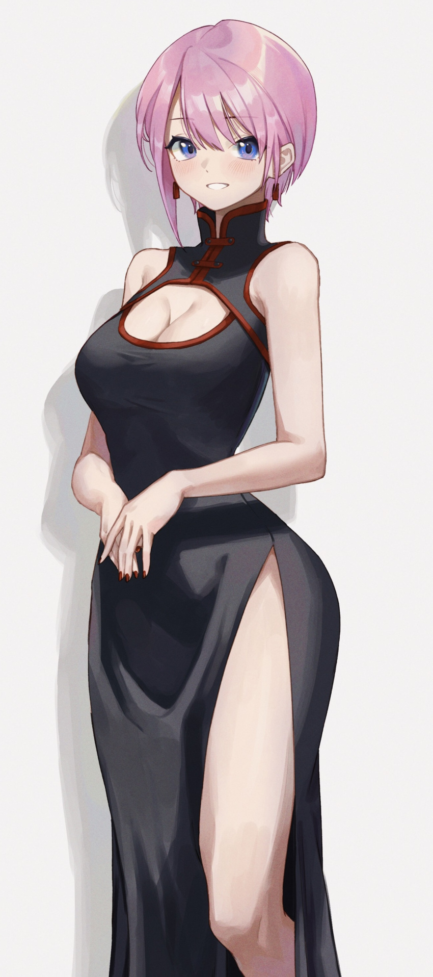 1girl absurdres alternate_costume bare_arms bare_shoulders black_dress blue_eyes blush breasts china_dress chinese_clothes cleavage cleavage_cutout clothing_cutout commentary curvy double-parted_bangs dress dress_slip earrings eyelashes go-toubun_no_hanayome hair_between_eyes highres hip_vent jewelry large_breasts looking_at_viewer nail_polish nakano_ichika own_hands_together parted_lips pink_hair red_nails shadow short_hair sidelocks simple_background smile solo sooon standing thighs white_background