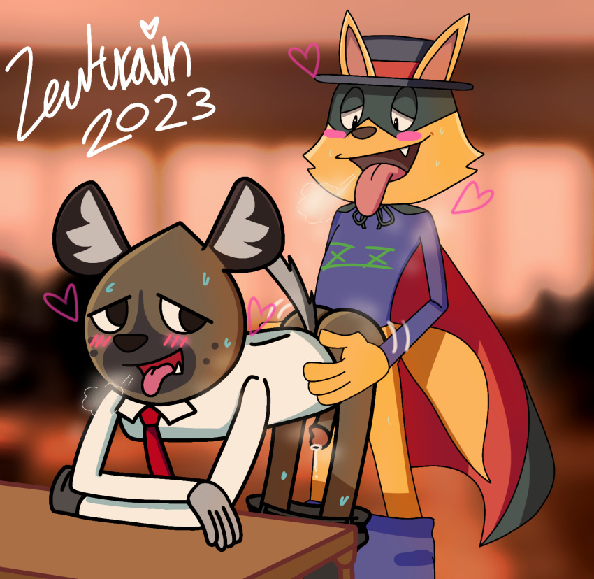 &lt;3 2023 aggretsuko anal anal_penetration anthro blurred_background blush bodily_fluids breath butt canid canine cape clothing crossover duo fox furniture haida_(aggretsuko) hat headgear headwear hi_res holding_butt humping hyena kaiketsu_zorori lewtrain looking_back male male/male mammal mask musk necktie penetration sanrio sex shaded simple_shading spotted_hyena sweat table tail thick_outline zorori
