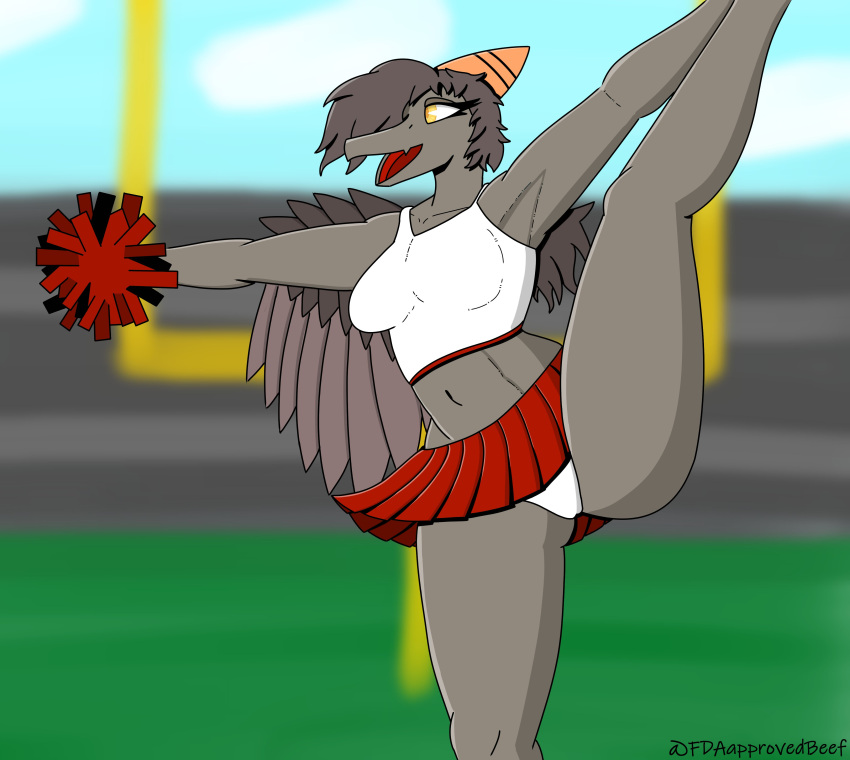 absurd_res anthro bone_frill bottomwear breasts butt butt_from_the_front camel_toe cheerleader cheerleader_outfit cheerleading_pose clothing colored crop_top crossgender eyelashes fdaapprovedbeef feathers female frill_(anatomy) goodbye_volcano_high grey_body grey_feathers grey_hair hair hi_res midriff mtf_crossgender naser_(gvh) navel open_mouth panties pom_poms pterodactylus pterosaur raised_leg reptile scalie shirt simple_background skirt snoot_game snout solo spread_arms tank_top tongue topwear underwear upskirt wide_hips yellow_eyes