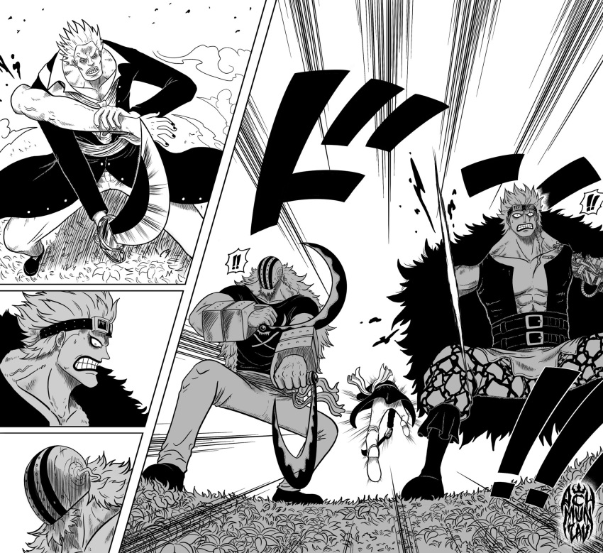 ! 3boys achmunzav amputee beard coat coat_on_shoulders double_amputee eustass_kid facial_hair fighting full_body goggles goggles_on_head helmet highres holding holding_sword holding_weapon killer_(one_piece) long_hair mask monochrome multiple_boys one_piece pants rockstar_(one_piece) scar scar_across_eye scar_on_face shirt short_hair signature sleeveless sleeveless_shirt spiked_hair sword teeth weapon