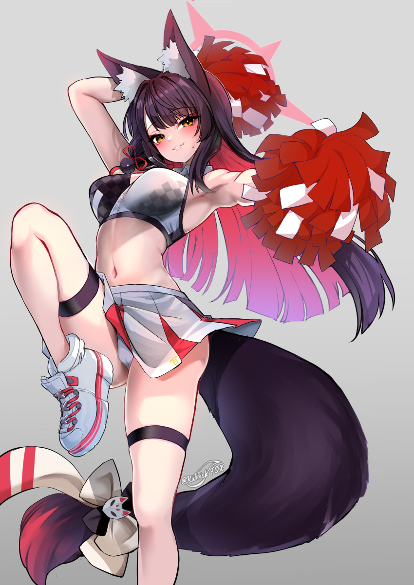 1girl absurdres animal_ears bare_shoulders black_hair blue_archive blush breasts cleavage colored_inner_hair eyeliner fox_ears fox_girl fox_tail grin hair_ornament halo highres holding holding_pom_poms large_breasts long_hair looking_at_viewer makeup millennium_cheerleader_outfit_(blue_archive) miniskirt multicolored_hair navel pleated_skirt pom_pom_(cheerleading) red_hair shoes skirt smile sneakers solo sports_bra tail thighs wakamo_(blue_archive) white_skirt wisespeak yellow_eyes