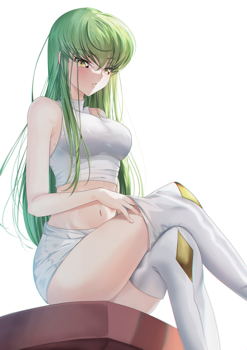 1girl absurdres bare_arms blush boots breasts budgiepon c.c. code_geass crop_top crossed_bangs crossed_legs curvy eyes_visible_through_hair feet_out_of_frame from_side green_hair hair_between_eyes highres lips long_hair looking_at_viewer medium_breasts navel parted_lips shirt shorts shy sidelocks simple_background sitting solo stomach straight_hair thigh_boots thighhighs thighs undressing very_long_hair white_background white_shirt white_shorts white_thighhighs yellow_eyes