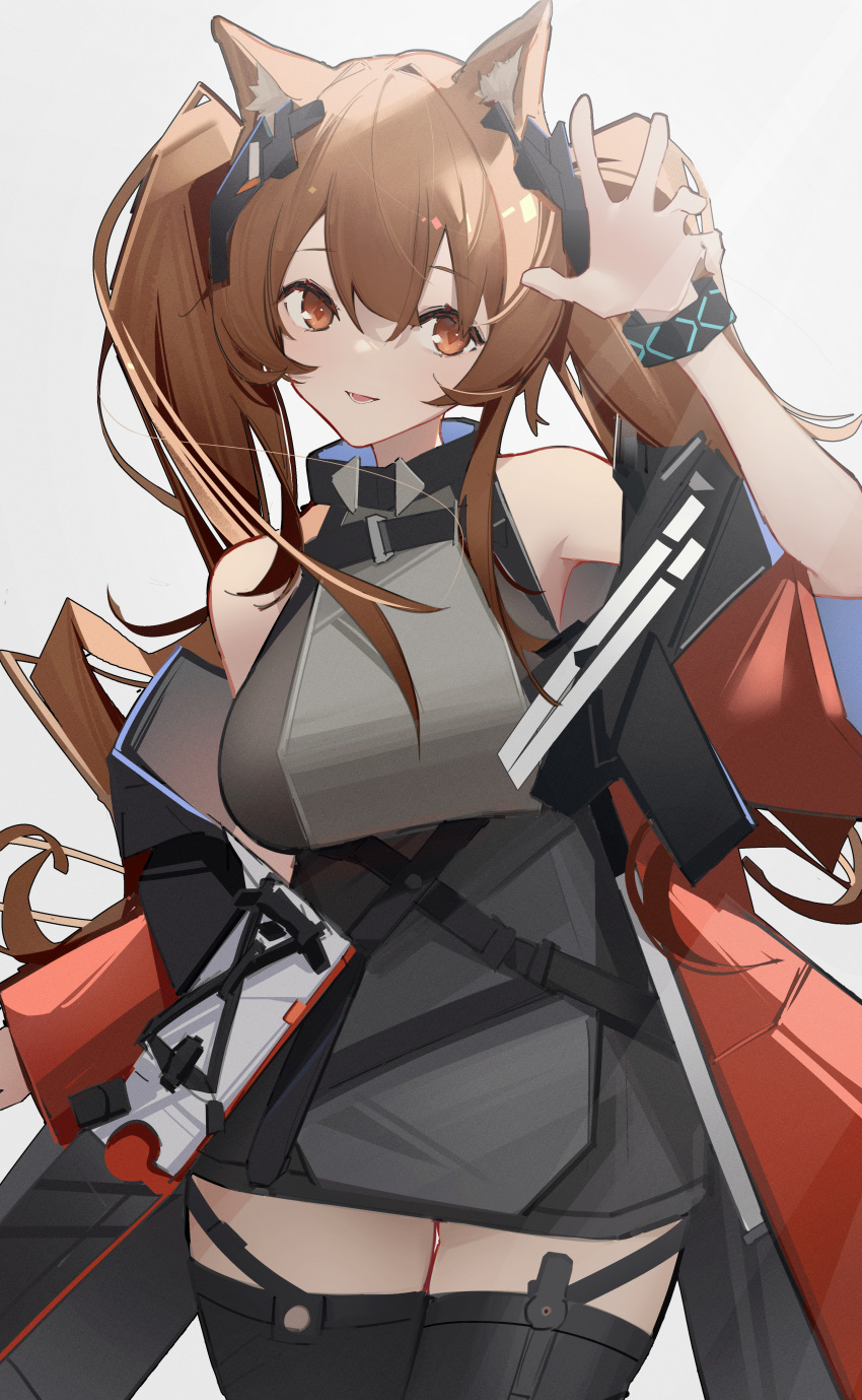1girl absurdres angelina_(arknights) angelina_(endfield)_(arknights) animal_ears arknights arknights:_endfield bare_shoulders black_bracelet black_thighhighs bracelet breasts brown_eyes brown_hair chichi_guai coat cowboy_shot fox_ears fox_girl grey_shirt hair_ornament hand_up highres infection_monitor_(arknights) jewelry large_breasts looking_at_viewer off_shoulder open_clothes open_coat parted_lips red_coat shirt simple_background sleeveless sleeveless_shirt smile thighhighs twintails white_background