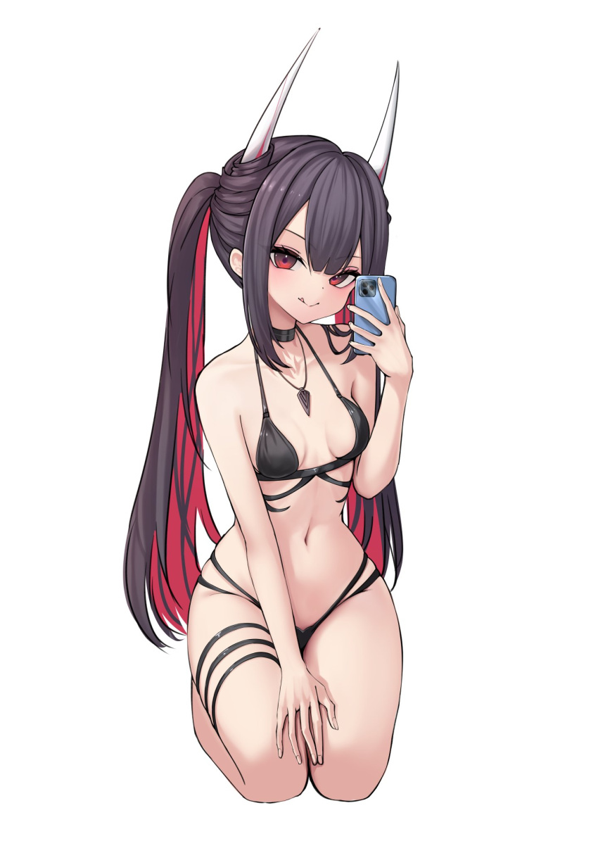 1girl azur_lane bikini black_bikini black_choker black_hair breasts cellphone choker collarbone colored_inner_hair defaultkavy demon_horns hatsuzuki_(august's_first_romance)_(azur_lane) hatsuzuki_(azur_lane) head_tilt highres holding holding_phone horns jewelry kneeling licking_lips looking_at_viewer multicolored_hair navel necklace official_alternate_costume phone red_eyes red_hair seiza simple_background sitting small_breasts smartphone solo stomach swimsuit thigh_strap tongue tongue_out twintails two-tone_hair white_background