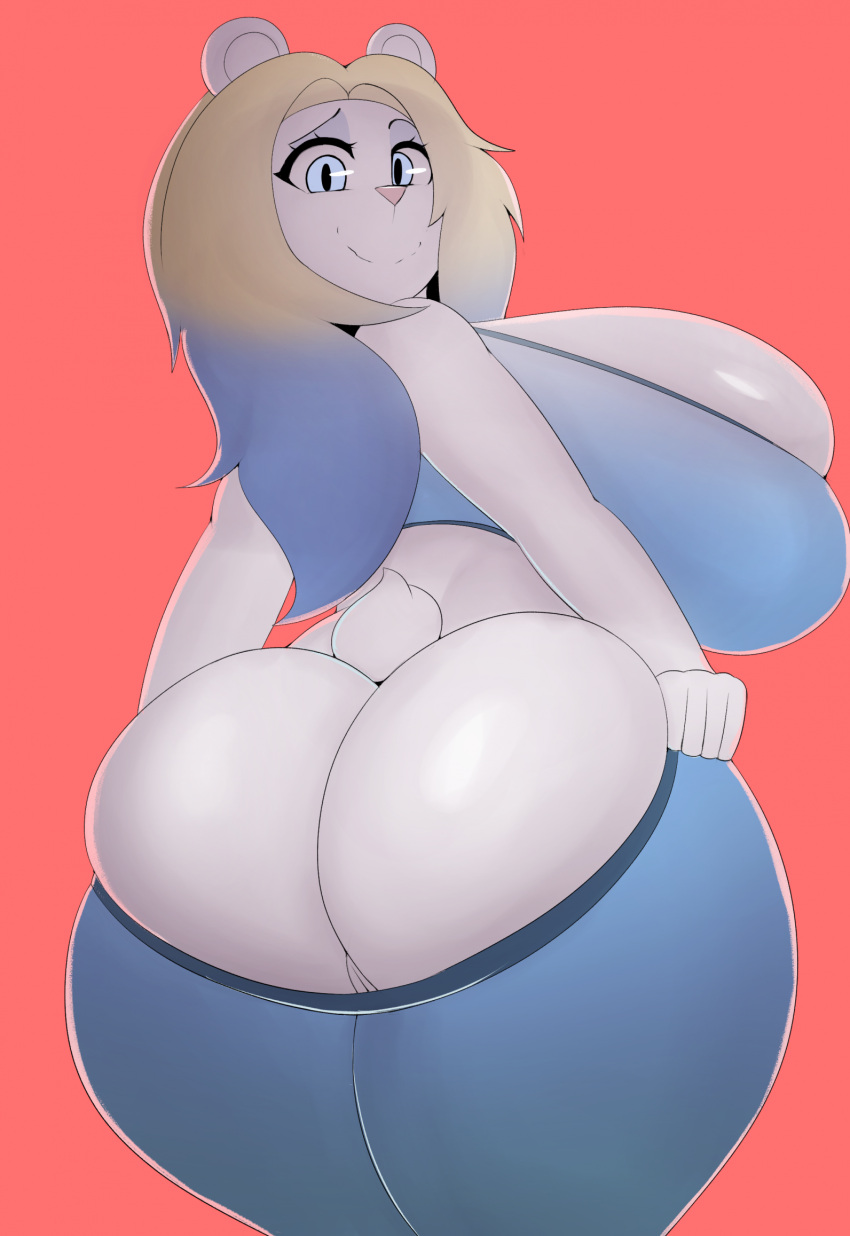 2023 5_fingers alto_major_(ursamajor73) anthro bear big_breasts big_butt blazethefox blonde_hair blue_hair bottomwear bottomwear_pull bra breasts butt cleavage cleavage_overflow clothed clothing clothing_pull clothing_too_small eyebrows female fingers fur genitals hair hi_res highlights_(coloring) huge_breasts huge_butt long_hair looking_at_viewer looking_back mammal pants pink_background polar_bear pulling_up_pants pussy raised_eyebrow side_boob simple_background smile solo sports_bra struggling struggling_to_fit thick_thighs underwear ursine white_body white_fur wide_hips yoga_pants