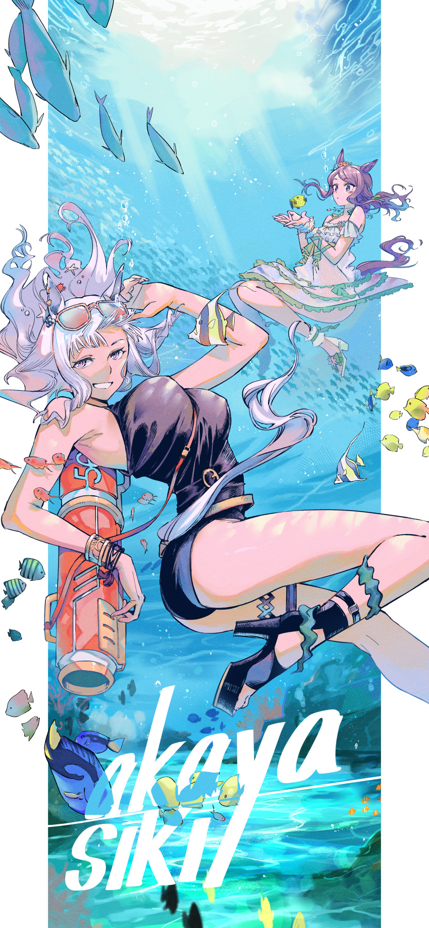 2girls absurdres akaya_shiki animal_ears arm_up armpits artist_name bare_shoulders bikini black_footwear black_one-piece_swimsuit commentary_request eyewear_on_head fish foot_out_of_frame frilled_bikini frills full_body gold_ship_(run_revolt_launcher)_(umamusume) gold_ship_(umamusume) grey_hair grin highres horse_ears horse_girl horse_tail long_hair looking_at_viewer mejiro_mcqueen_(ripple_fairlady)_(umamusume) mejiro_mcqueen_(umamusume) multiple_girls official_alternate_costume official_alternate_hairstyle one-piece_swimsuit purple_eyes sandals smile sunglasses super_smashing_summer_vacation_(umamusume) swimsuit tail tail_through_clothes thigh_strap umamusume underwater very_long_hair water_gun white_bikini white_footwear